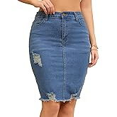 CIMUK Women's Denim Skirt Stretchy High Waisted Raw Hem Knee Length Jean Pencil Skirts