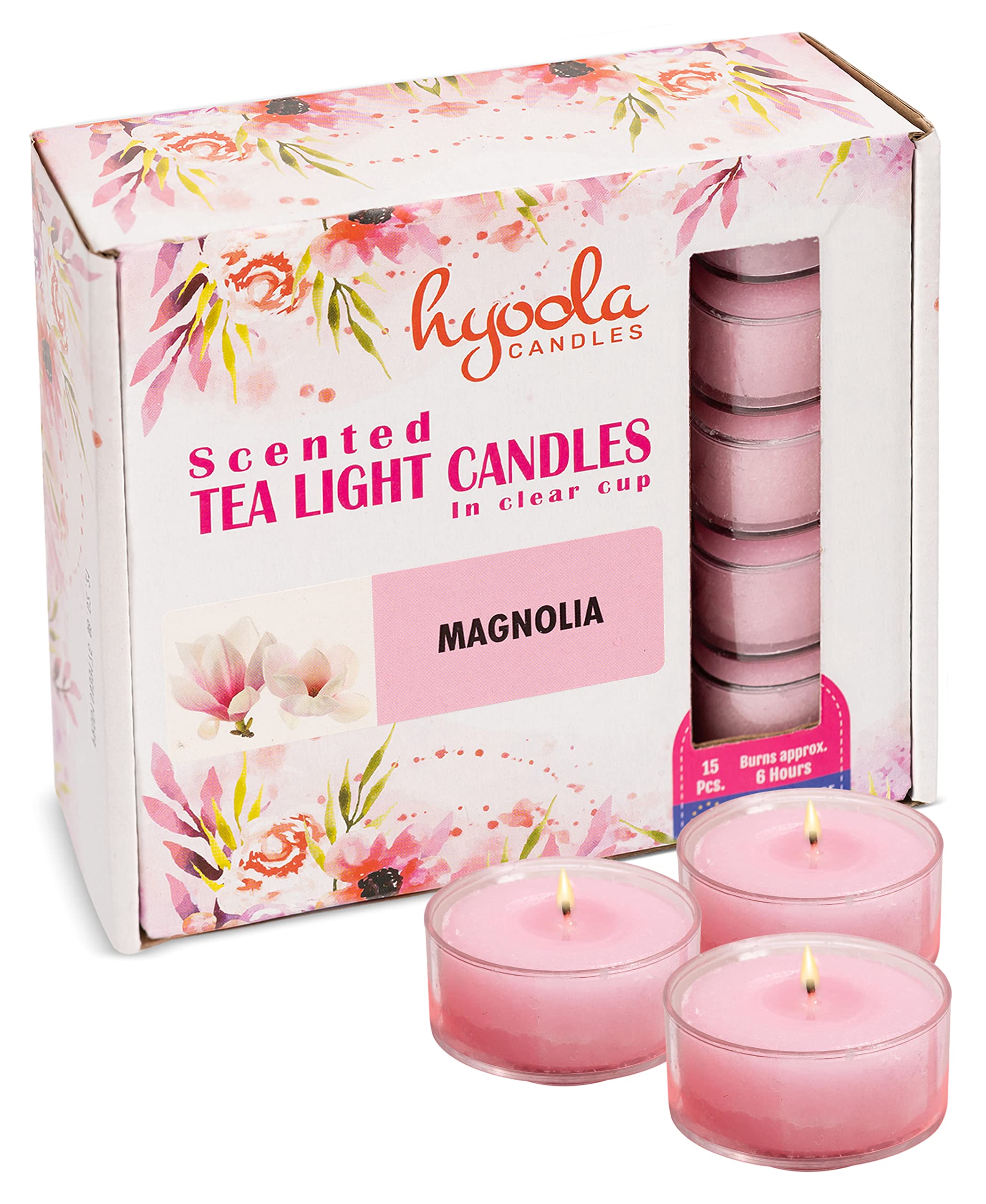 Hyoola Scented Tealight Candles - Clear Cup - Magnolia Scented Tealights Candles - 6 Hour Burn Time - 15 Pack - European Made