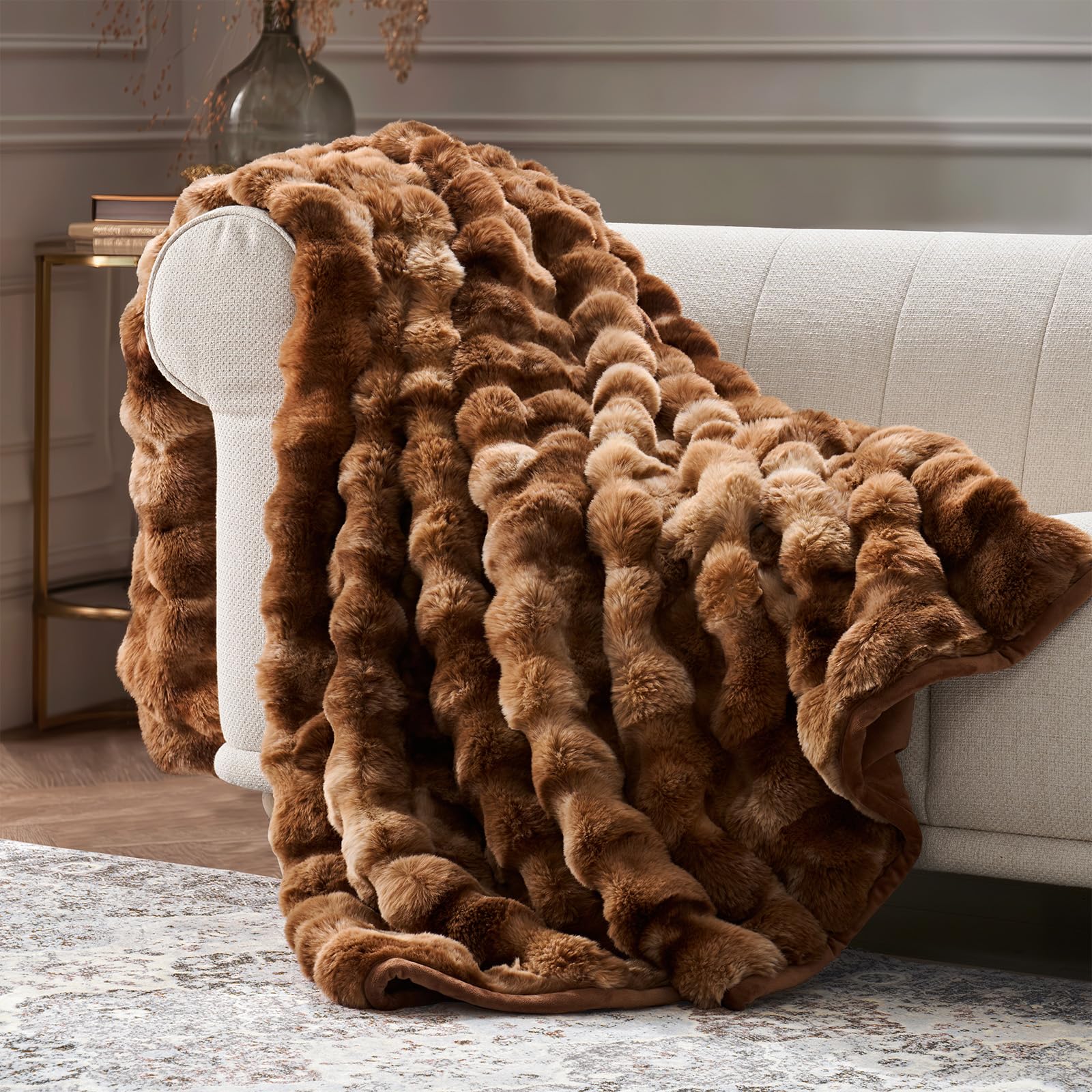 Photo 1 of EverGrace Ultra Soft Luxury Fluffy Faux Rabbit Fur Throw Blanket, Thick Warm Bubble Throw for Bed, Cozy Plush Reversible Blankets for Couch, Chair, Sofa, Lion Caramel, 60x80 Inches