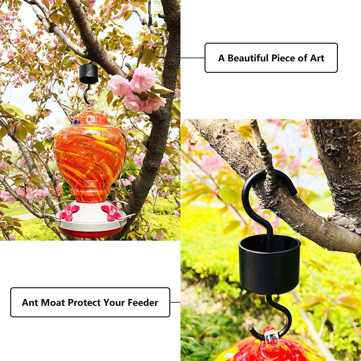 ShinyArt Hummingbird Feeder - Hand Blown Glass - Red - 36 Fluid Ounces Nectar Capacity Include Ant Moat, Metal Hook, Hemp Rope, Brush, Cleaning Rag and Service Card
