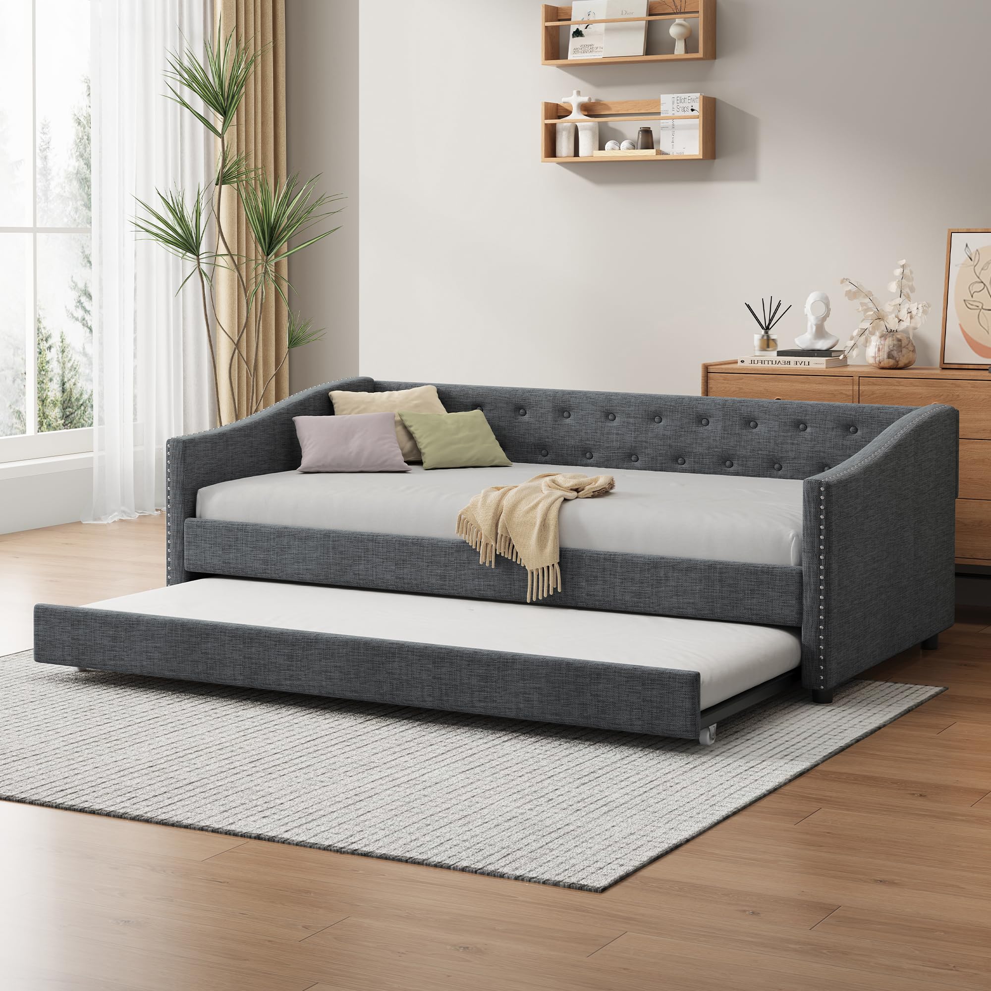 Photo 1 of (bottom frame, box 1) Favfurish Twin Size Daybed with Trundle Upholstered Day Bed Frame with Button Tufted Backrest and Nailhead Decorated Armrest for Living Room Bedroom,No Box Spring Needed,Dark Grey