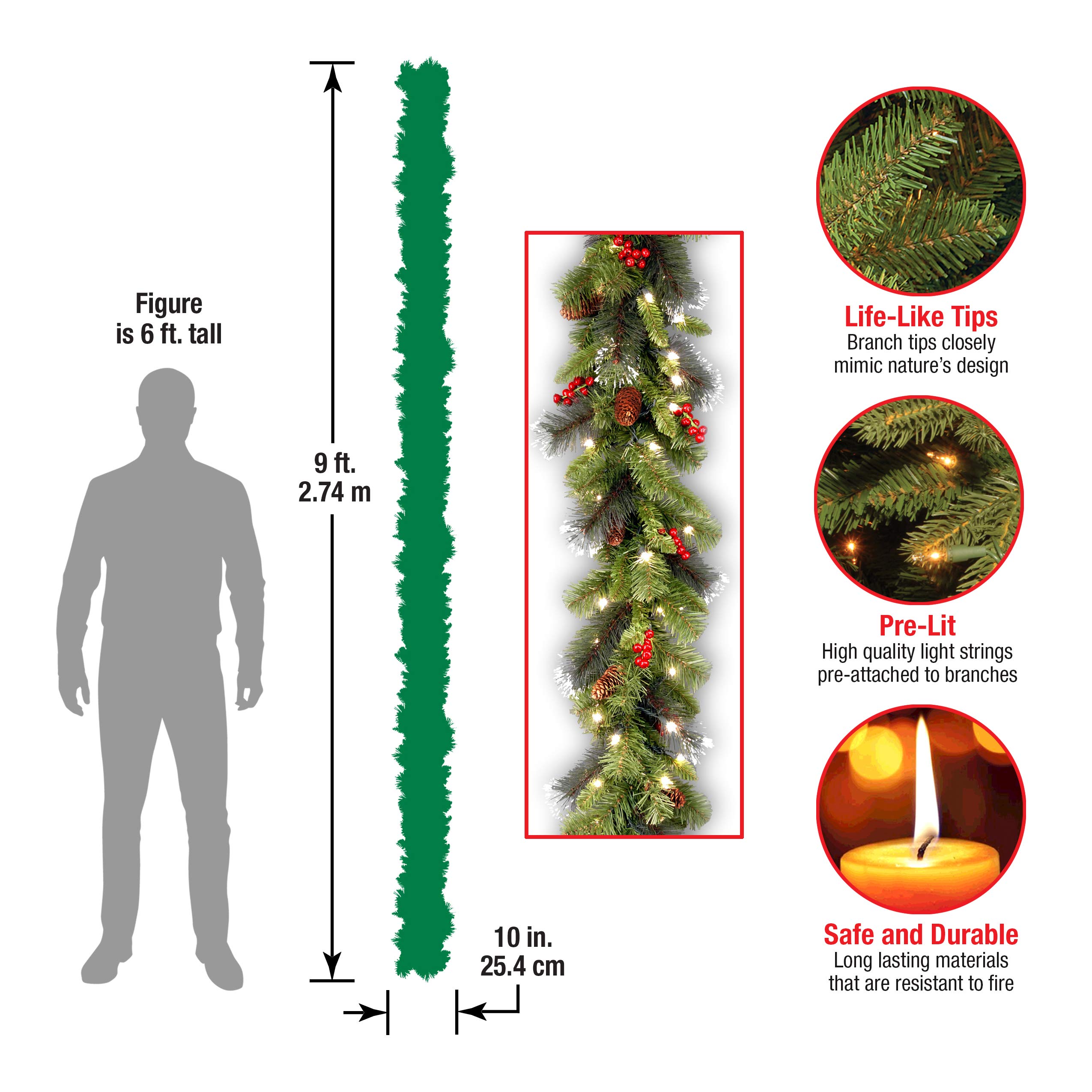 National Tree Company 9 ft Pre-Lit Crestwood Spruce Artificial Christmas Garland, Christmas Decoration with Glitter, Pinecones, Red Berries, 50 Clear Lights, 180 Tips, Green