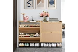 LEVNARY Shoe Cabinet Set of 2, Wooden Narrow Shoe Racks Cabinet Storage with 2 Flip Drawers, Hidden Freestanding Shoe Organizer for Hallway, Entryway, Home (2, Natural Oak)