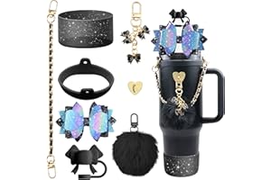 SEMATA Bling Stanley Cup Accessories for 40oz & 30oz Tumbler including Silicone Cute Bow Straw Topper Cover, Silicone Stanley Cup Boot,Leather Water Bottle Handle Strap, Stanley Charms(Black)