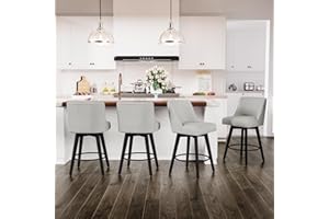 AMICLIBER Counter Height Swivel Bar Stools Set of 4, 26 Inch Bar Stools with Footrest, Linen Fabric Upholstered Barstools with Back and Solid Wood Legs for Kitchen Island, Dining Room,Pub,White