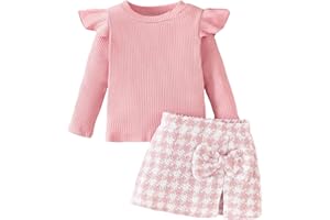 Toddler Baby Girls Ruffle Long Sleeve Knit Sweatshirt + A-Line Plaid Tweed Pattern Mini Skirt Fall Winter Clothes Set
