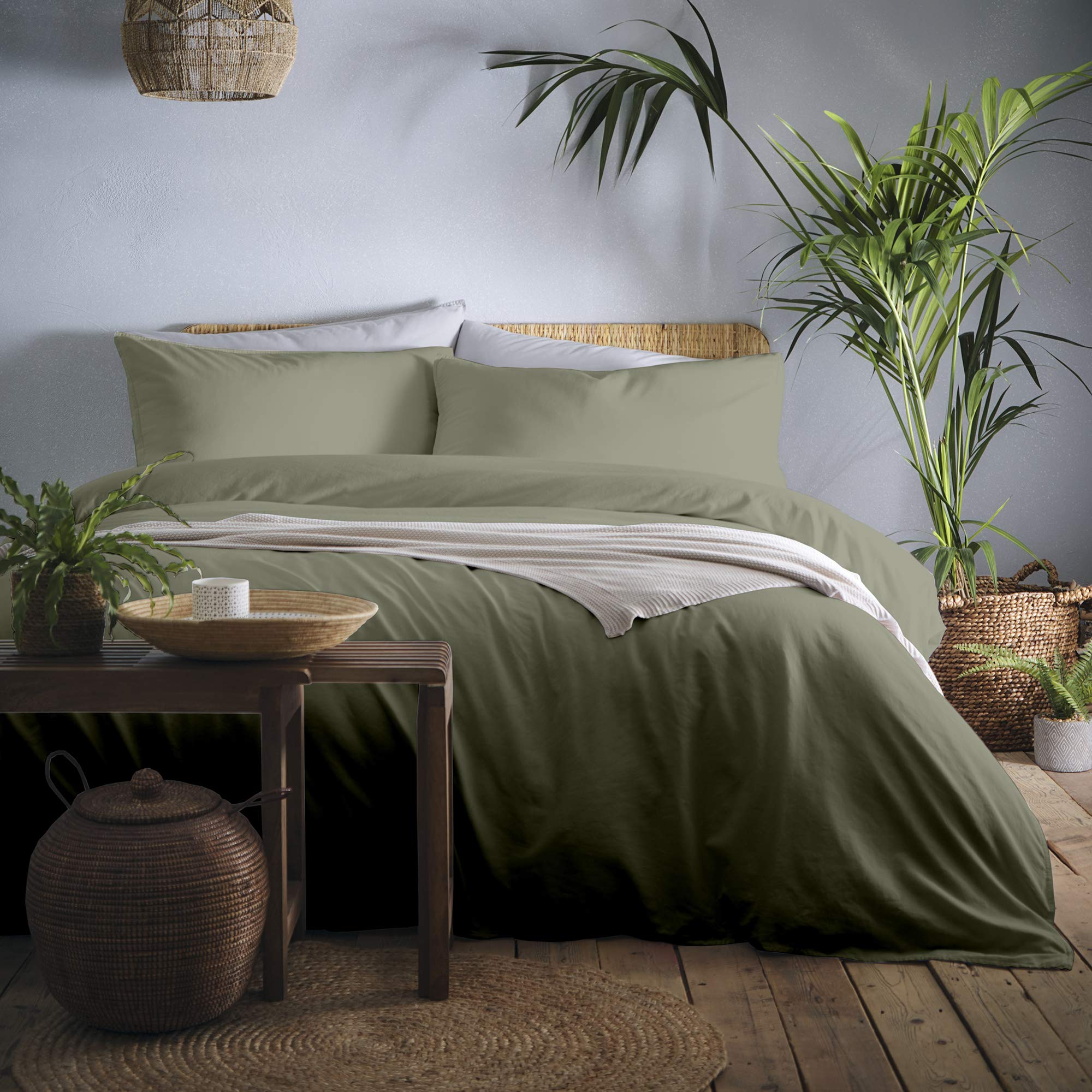 Appletree Dark Green Duvet Cover King Size (230x220cm) – 100% Cotton Luxury Bedding Set – Khaki Forest Green – 2 Pillowcases – Hotel Style – Soft Feel – Natural Bedroom Look