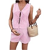 MakeMeChic Women's Maternity 2 Piece Outfit Striped V Neck Tie Front Vest Top and Shorts Pregnancy Set