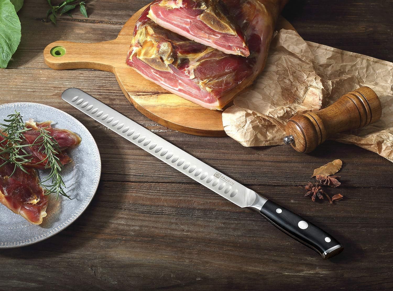 PAUDIN Carving Knife 12-Inch - Razor Sharp Granton Edge Kitchen Knife, Ham Roasts Meats Brisket Slicing Knife, German Stainless Steel Blade, Comfortable Triple Rivet Fiberglass Handle: Kitchen & Dining