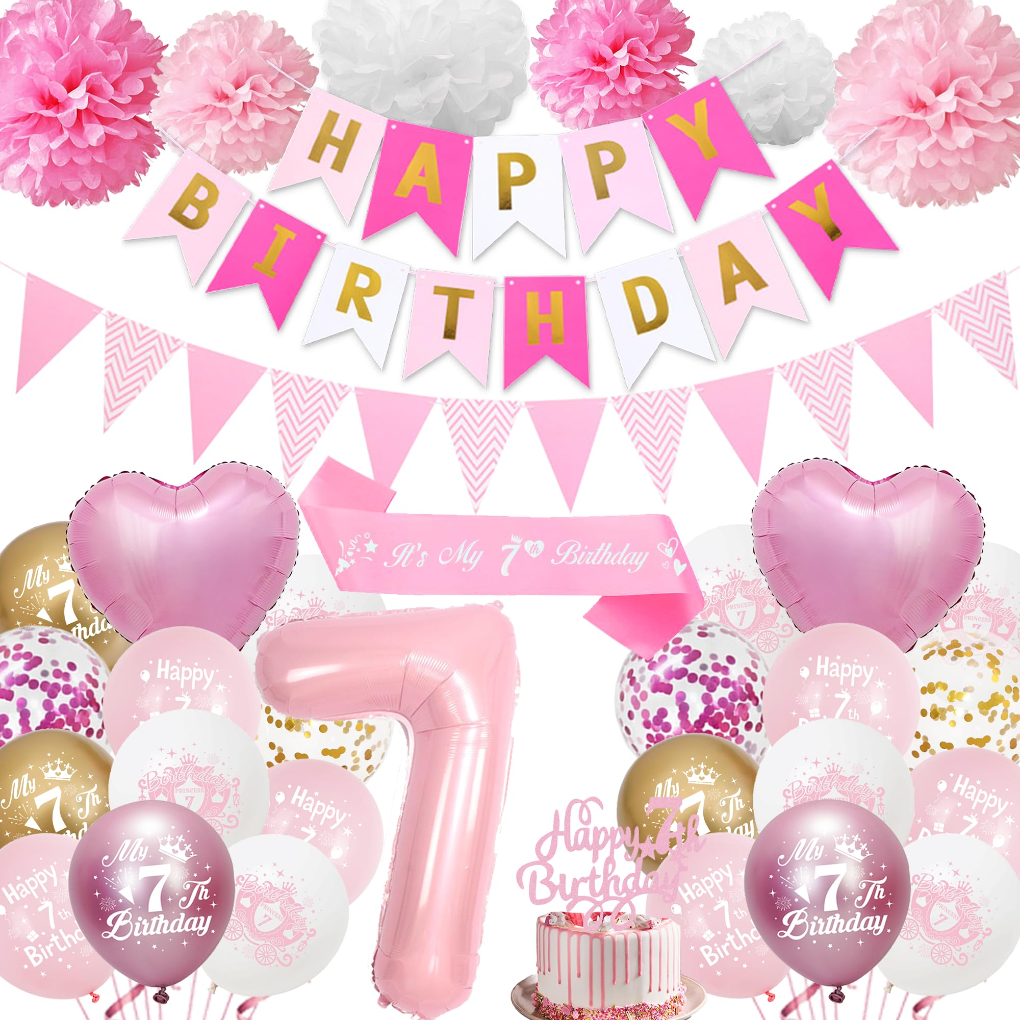 7th Birthday Decorations for Girls Pink - Happy 7th Birthday Party Number 7 Balloon Latex Balloons Banner Pennant, Cake Topper Sash Tissue Paper Pom Poms for 7-Year-Old Decoration Supplies