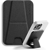 LUMOTREK Tap &amp; Go MagSafe Wallet Stand, 1-Card Magnetic Phone Wallet | with Grip, NFC-Friendly Slim Vegan Leather Card Holder, 3 Viewing Modes for iPhone 17/16/15/14/13/12, Black
