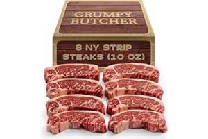 DEN'S HOT DOGS Grumpy Butcher New York Strip Steaks, 8 Pack (10 oz each) - Prime Steakhouse Quality Beef NY Strip Steak Meat - Meat Gift Packages Specials Option Available