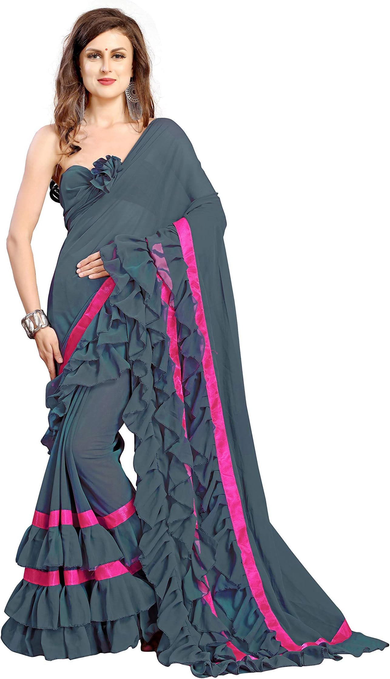 FKART Women's Georgette Grey And Peach Color Frill Sarees For Women With Georgette Blouse Piece (FRILL-SAREE-4.0)