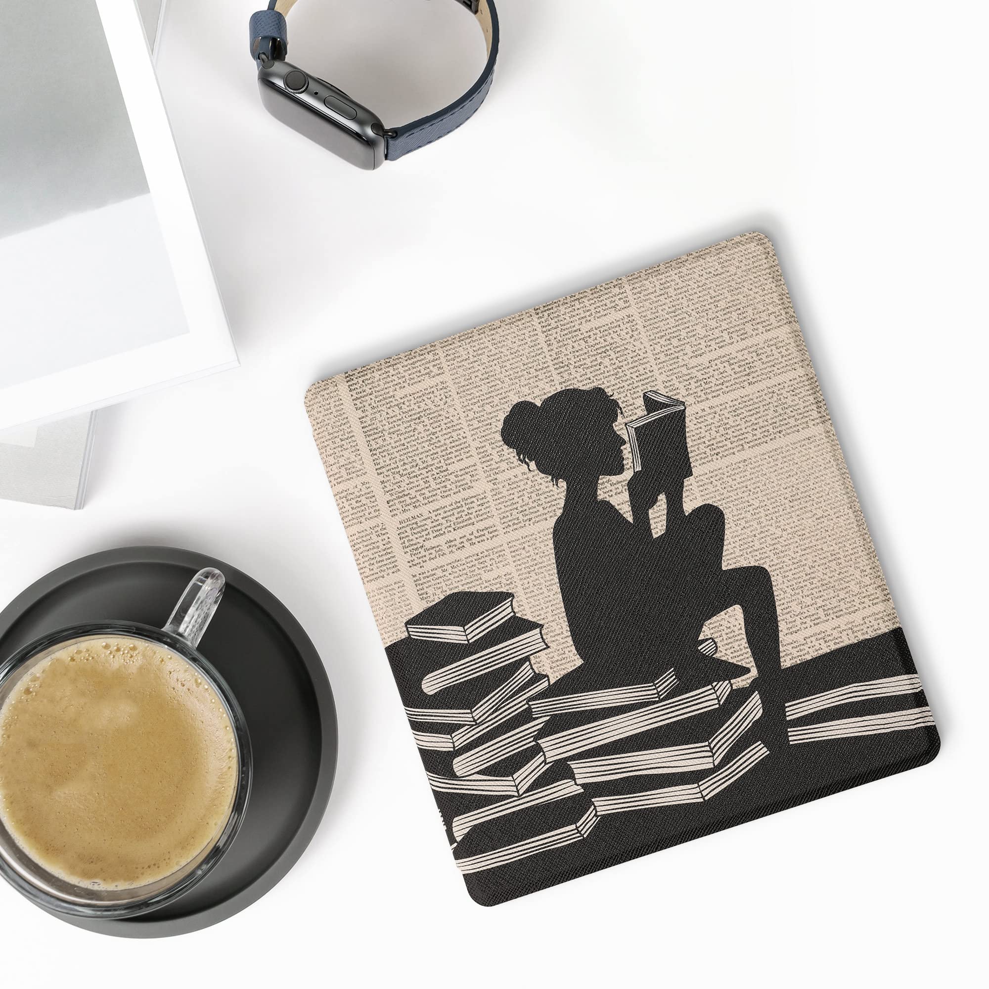 kwmobile Case Compatible with Amazon Kindle Oasis 10. Generation Case - eReader Cover - Girl and Books Black/Beige