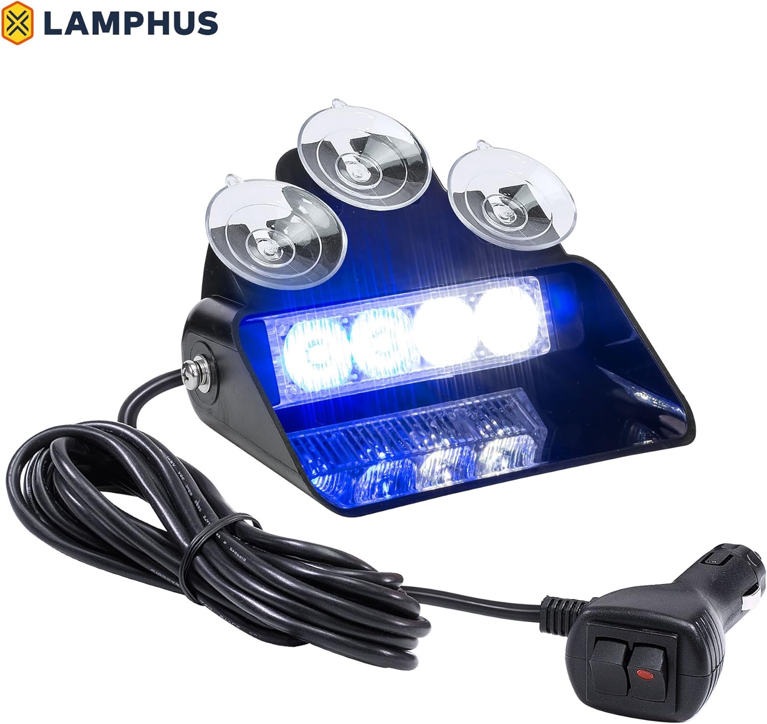 LAMPHUS SolarBlast SBWL14 4W Blue White LED Strobe Dash Light [32 Flash Modes] [Adjustable Angle] [Suction Cups] Flashing Emergency Warning Dash Windshield Police Light for Volunteer Firefighters