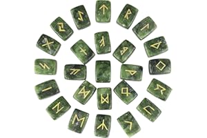 dssmboom Pack of 25 Rune Stones Engraved Pagan Lettering, Irregular Tumbled Stone Set with Golden Elder Futhark Alphabet for Crystal Divination Wicca and Reiki Healing, Green Jade