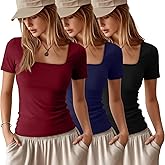 Ficerd 3 Pack Women's Square Neck Shirts, Short Sleeve Slim Fit Tops Scoop Neck Summer Casual Basic T-Shirts Tee