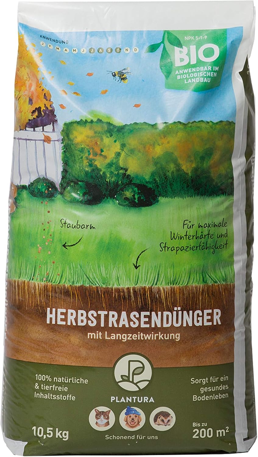 Plantura Bio Herbstrasendünger mit Langzeit-Wirkung, 10,5 kg, für maximale Winterhärte, idealer Dünger für den Rasen im Herbst, unbedenklich für Hund, Haus- & Gartentiere, Rasendünger, Langzeitdünger