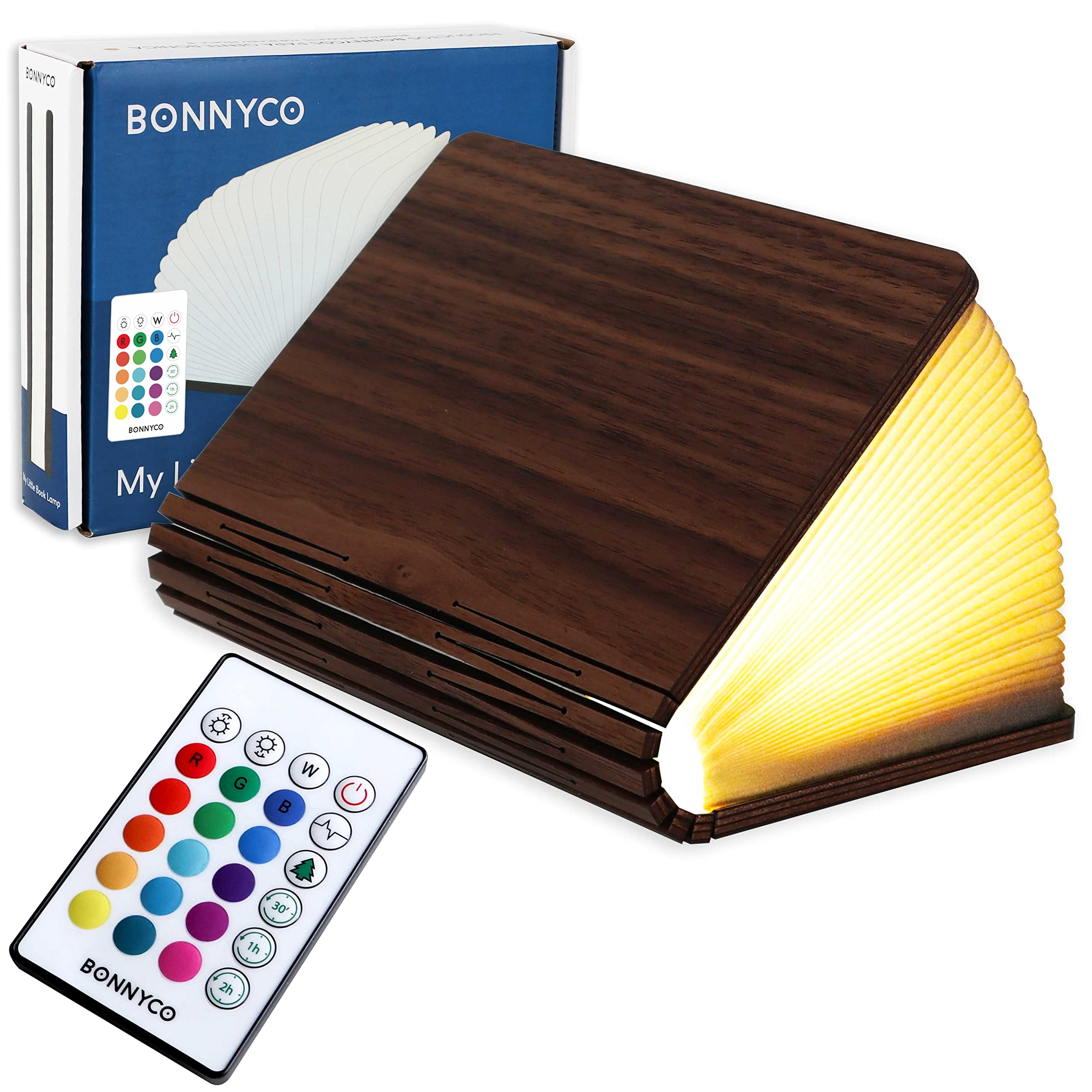 BONNYCO Led Book Light Wooden Folding Lamp with Remote Control, 16 Colours and Timer. Table Book Lamp Night Light Perfect for Home, Office, Room Decor. Christmas, Birthday Gifts for Women and Men