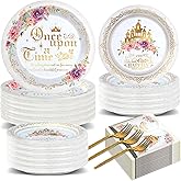 200PCS Fairytale Princess Plates and Napkins Once Upon a Time Party Tableware Set Plates for Wedding Girl Pink Floral Gold Castle Dinnerware for Birthday Party Baby Shower Decoration Supplies Serve 50
