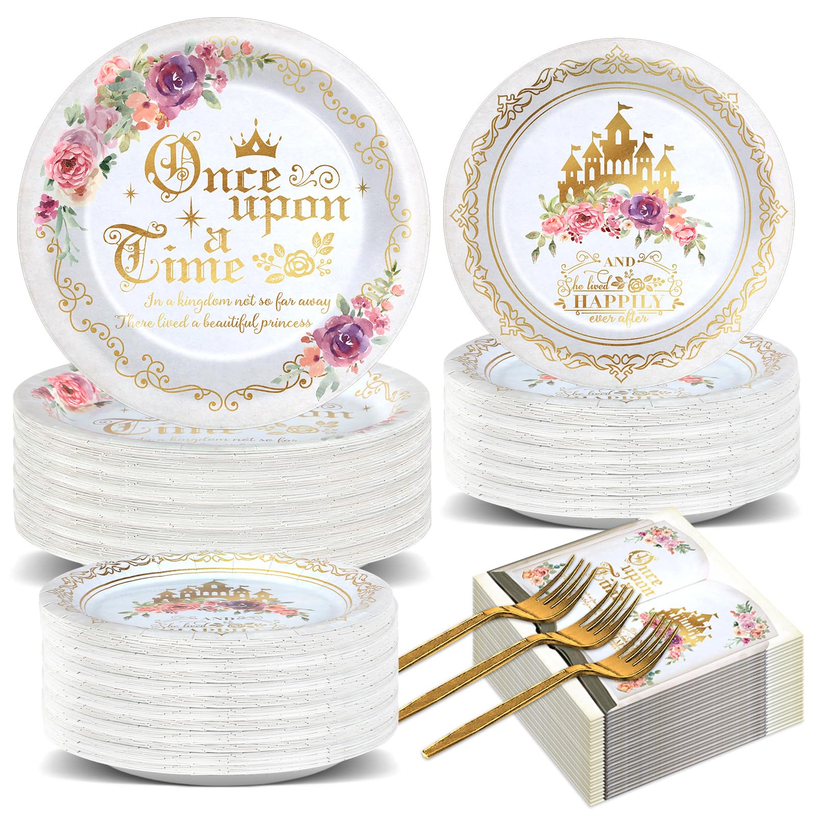 Photo 1 of 200PCS Fairytale Princess Plates and Napkins Once Upon a Time Party Tableware Set Plates for Wedding Girl Pink Floral Gold Castle Dinnerware for Birthday Party Baby Shower Decoration Supplies Serve 50