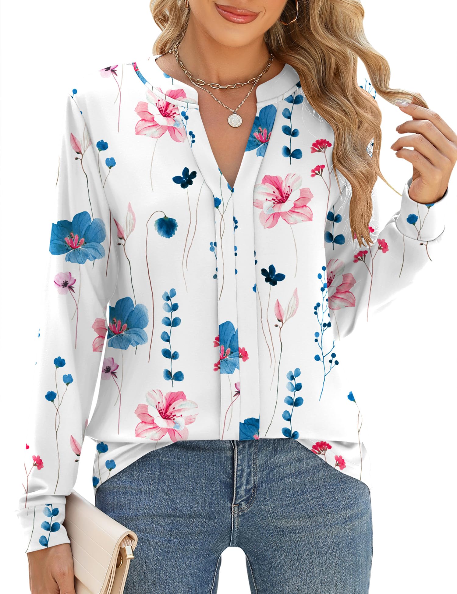 Photo 1 of Micoson White Tops for Women Long Sleeve Split V Neck Casual Blouses Dressy Work Shirts Soft Knit Fall Fashion Business Tunic Pink Floral L