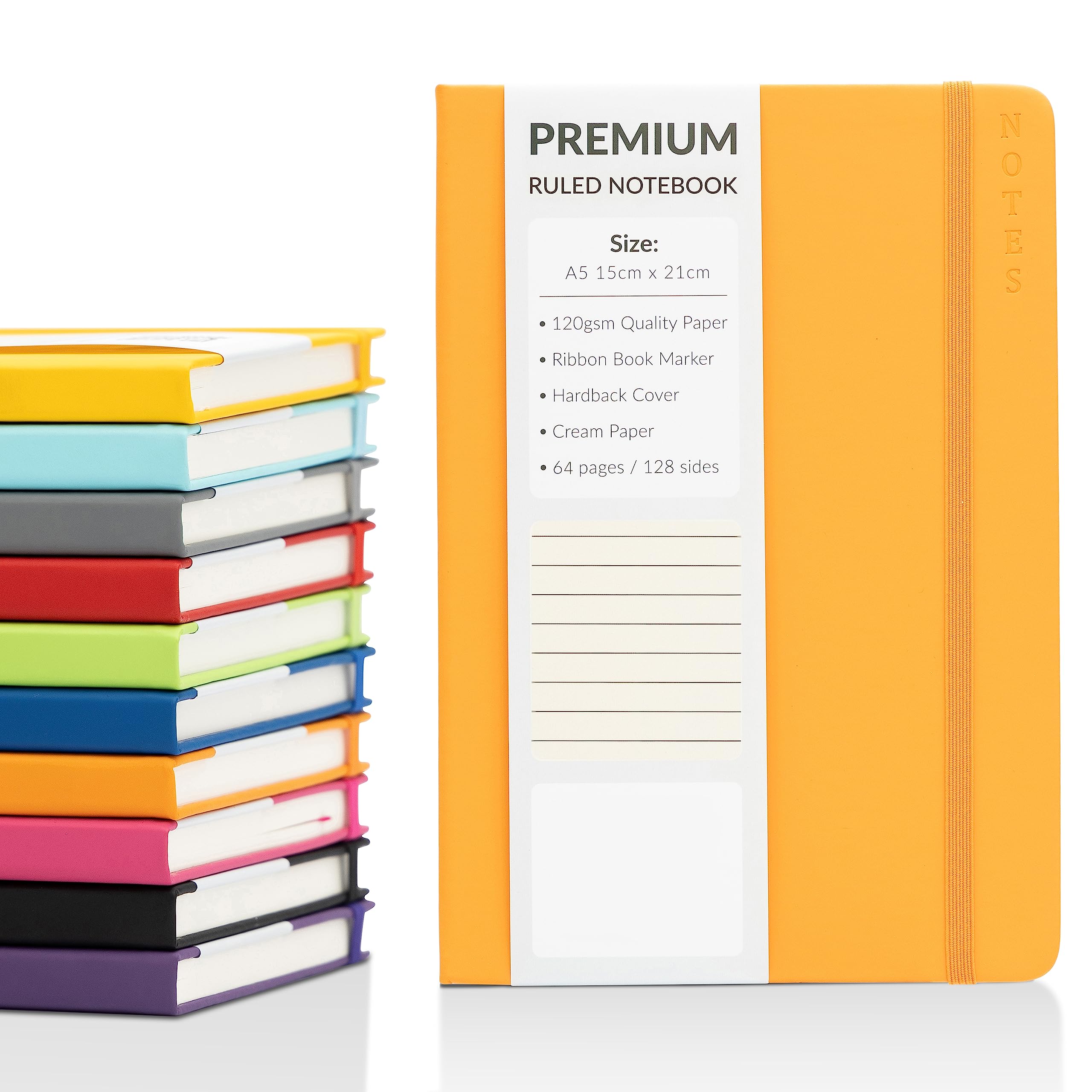 evelay A5 Notebook Ruled Lined Journal with Faux Leather Hardback Cover and Premium 120gsm Thick Paper (128 Cream Pages, Orange)