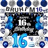 Blue Silver Black 16th Birthday Decorations for Boys Girls, Sweet 16 Party Supplies Kit Bruh I'm 16 Banner, Happy 16th Birthday Backdrop, Number 16 Balloons, Pompoms, Hanging Swirls, Cake Toppers