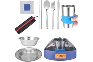 CONJGI Outdoor Camping Mess Kit - 1 to 2 persons Camping Dishes Includes Cups, Bowls, Dishes, Knives, Forks, Spoons, Etc, Camping Dinnerware Set with Mesh Bag is Easy to Carry Camping Tableware Set