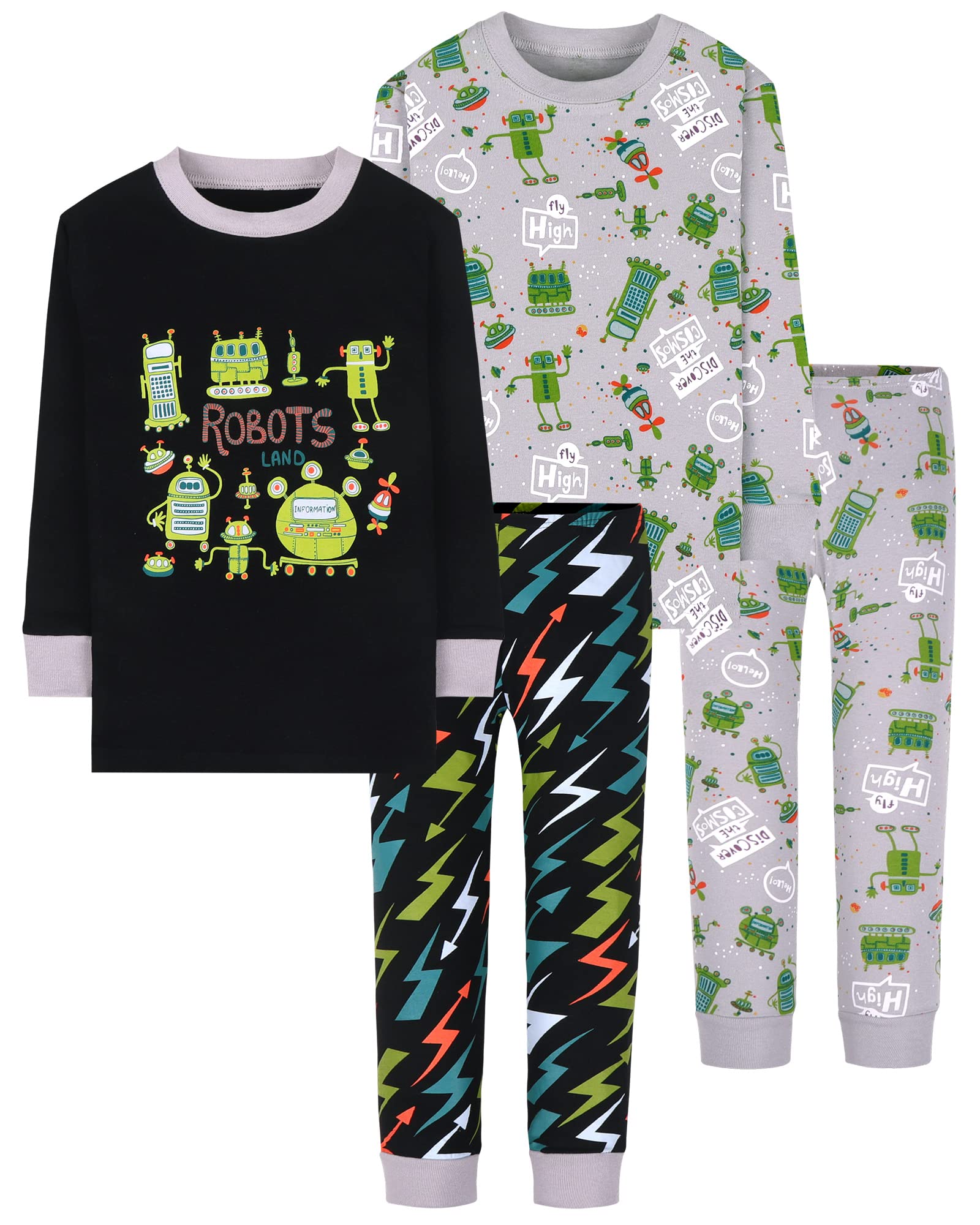 Boys Pajamas 4 Pieces Long Set 100% Cotton Sleepwear Size 18 Months-12 Years
