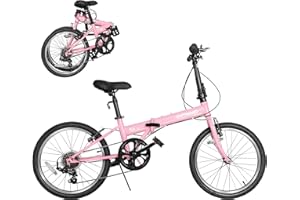 OUTROAD OUTDOOR CAMPING GARDEN PATIO Outroad 20 Inch Folding Bike, 7-Speed Lightweight Foldable Bicycle for City Commuting, V Brake Adjustable Stem Folding Bikes for Adults/Men/Women, Black, White, Blue and Pink