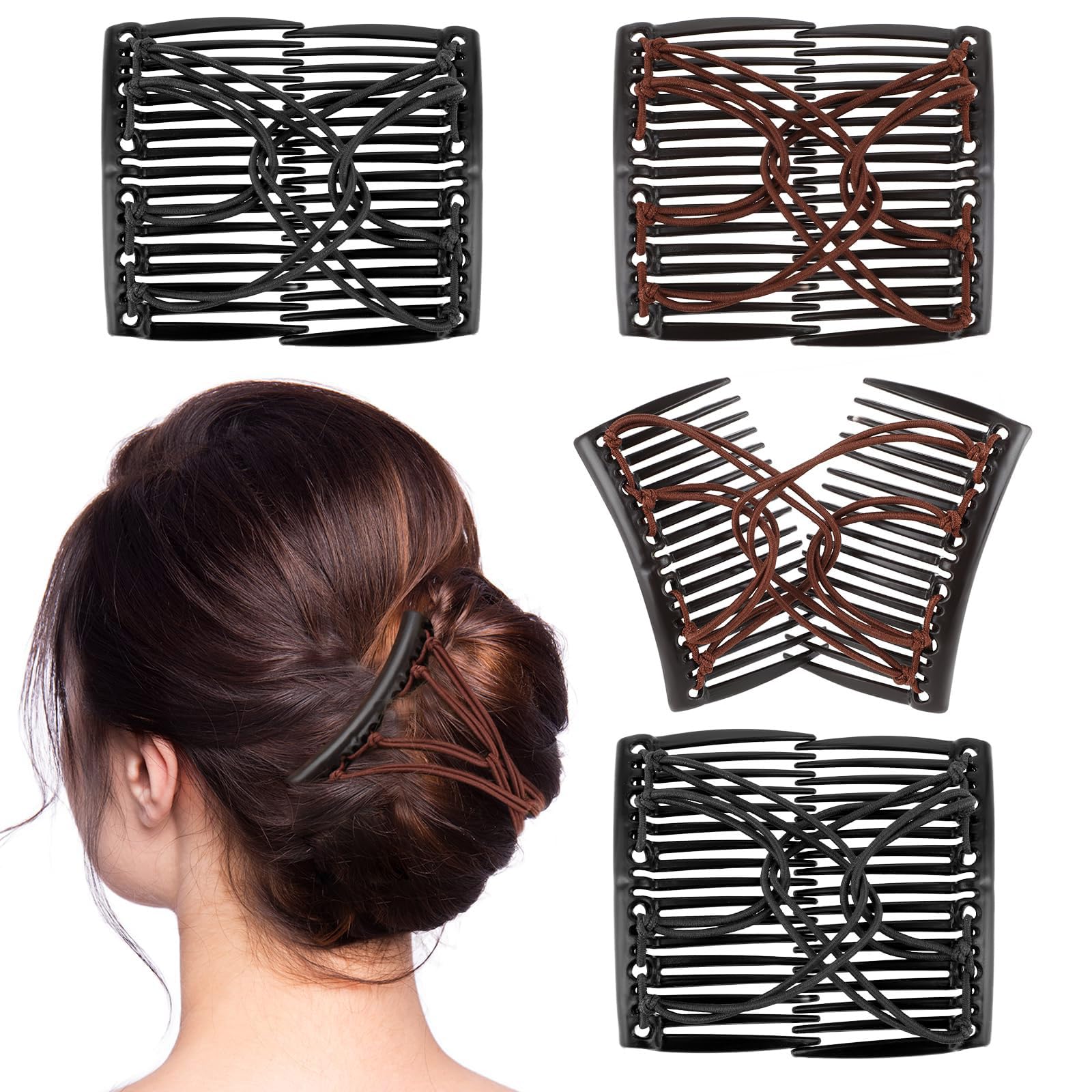 JYTDBCS 4 Pieces Hair Combs for Women Accessories, Elastic Hair Clip Combs Bandette Comb with Elastic Band Double Comb Hair Clip Hair Styling Tool for Women Thick Curly Thin Hair (Black, Brown)