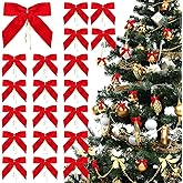 24Pcs Red Velvet Christmas Bows 3.5 Inch Ribbon Twist Tie Bow Ornaments Decorations for Christmas Tree Wreath Gift Wrapping Crafts Treat Bag