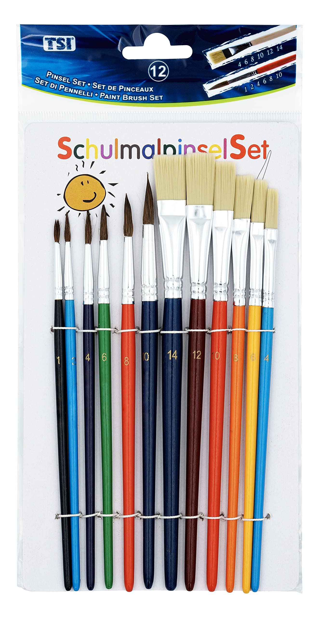TSI Brush Set, Wood, Coloured, Haar 1,2,4,6,8,1-Borsten 4,6,8,1,12,14