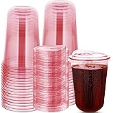 50 Sets Disposable Stemless Glasses With Strawless Sip Lids,PET Drinking Cups,Clear Plastic Coffee Cups for Iced Coffee, Smoothie, Cold Beverage, Drink Shop and Christmas Party Supply (Pink, 16 oz)