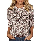 KISSMODA Women's Casual 3/4 Sleeve T-Shirts 2025 V-Neck Tunic Tops Cute Tees Blouses Loose Fit Business Work Tee Top