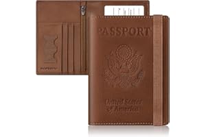 BAPHITY Genuine Leather Passport Holder for Men, Passport Wallet Cover with Elastic Strap and Zipper Closure, Rfid Passport Holder Fit for Immunization Record Card(Brown)