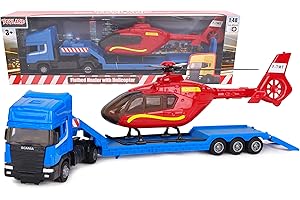 Toyland® Scania Flatbed Hauler with Helicopter - 1:48 Scale - Free Wheel - Transport Vehicle Toys - Vehicle Collectables - Boys Toys (Blue Truck/Red Helicopter)
