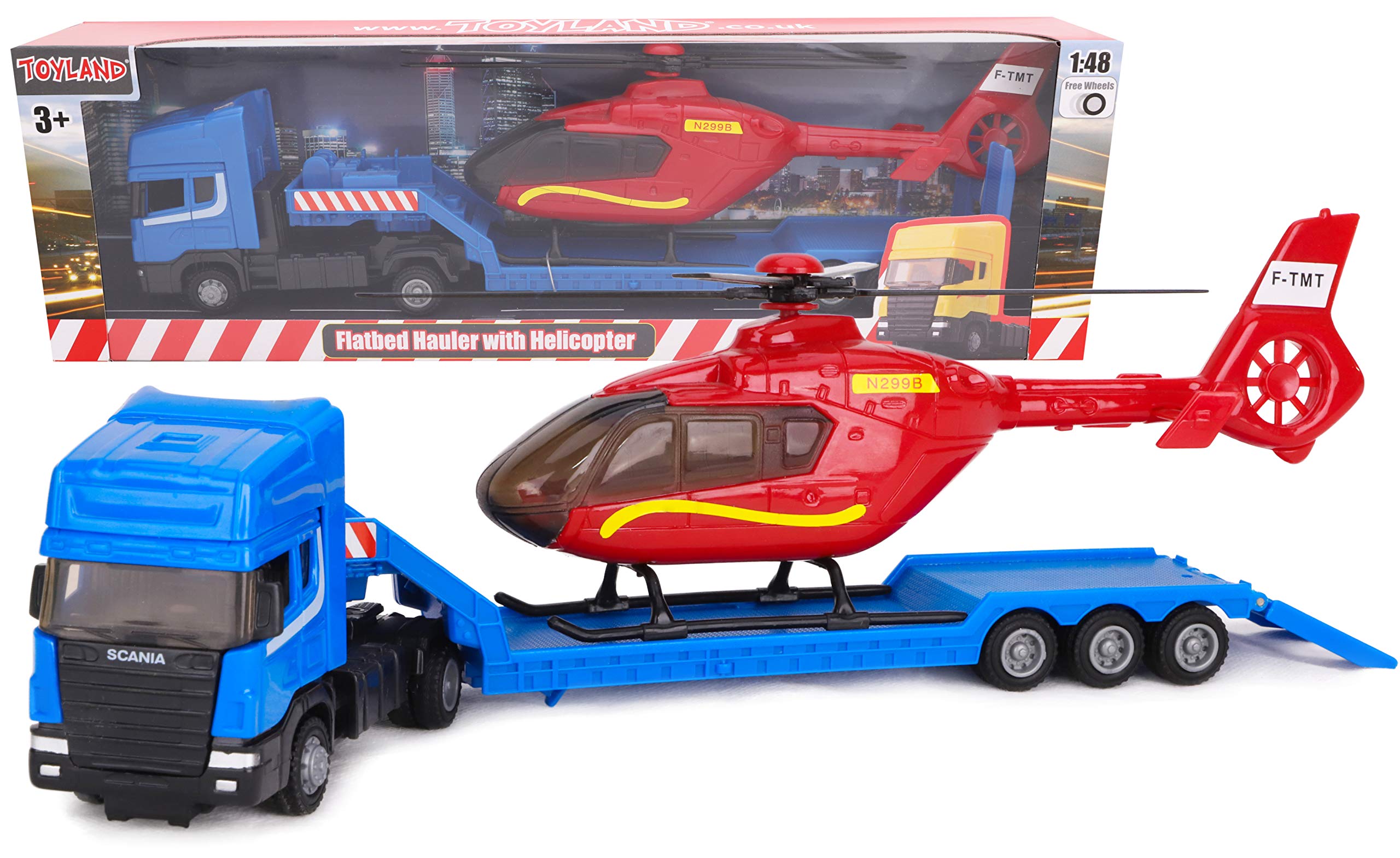 Toyland® Scania Flatbed Hauler With Helicopter - 1:48 Scale - Free Wheel - Transport Vehicle Toys - Vehicle Collectables - Boys Toys