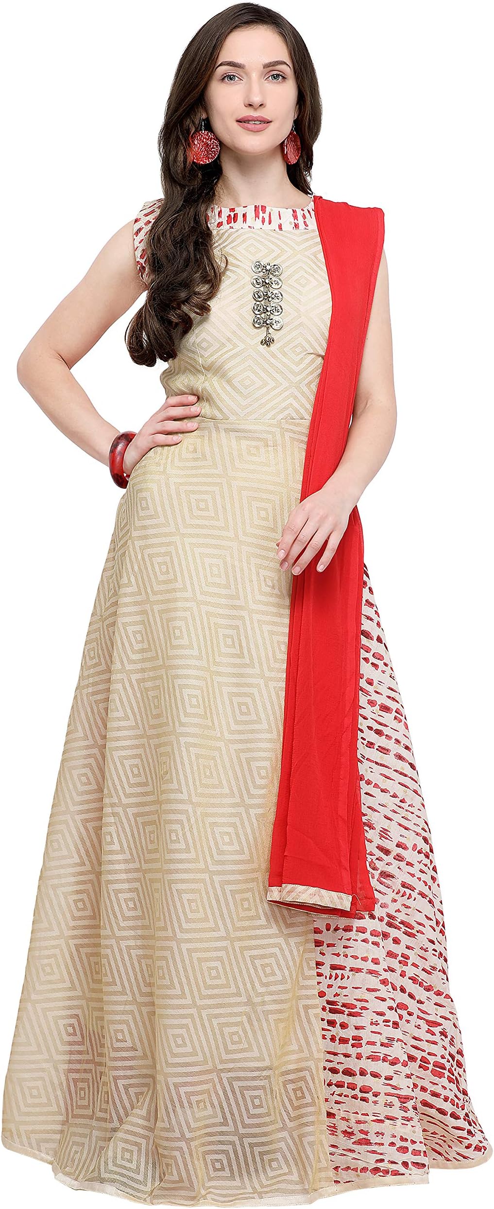 MMOC Women’s Jacquard Fabric Weaving in Gown Style with 2 different jacquard style. Broach on neck. Sleeveless Stitched Casual Long Gown With Leggings And Dupatta