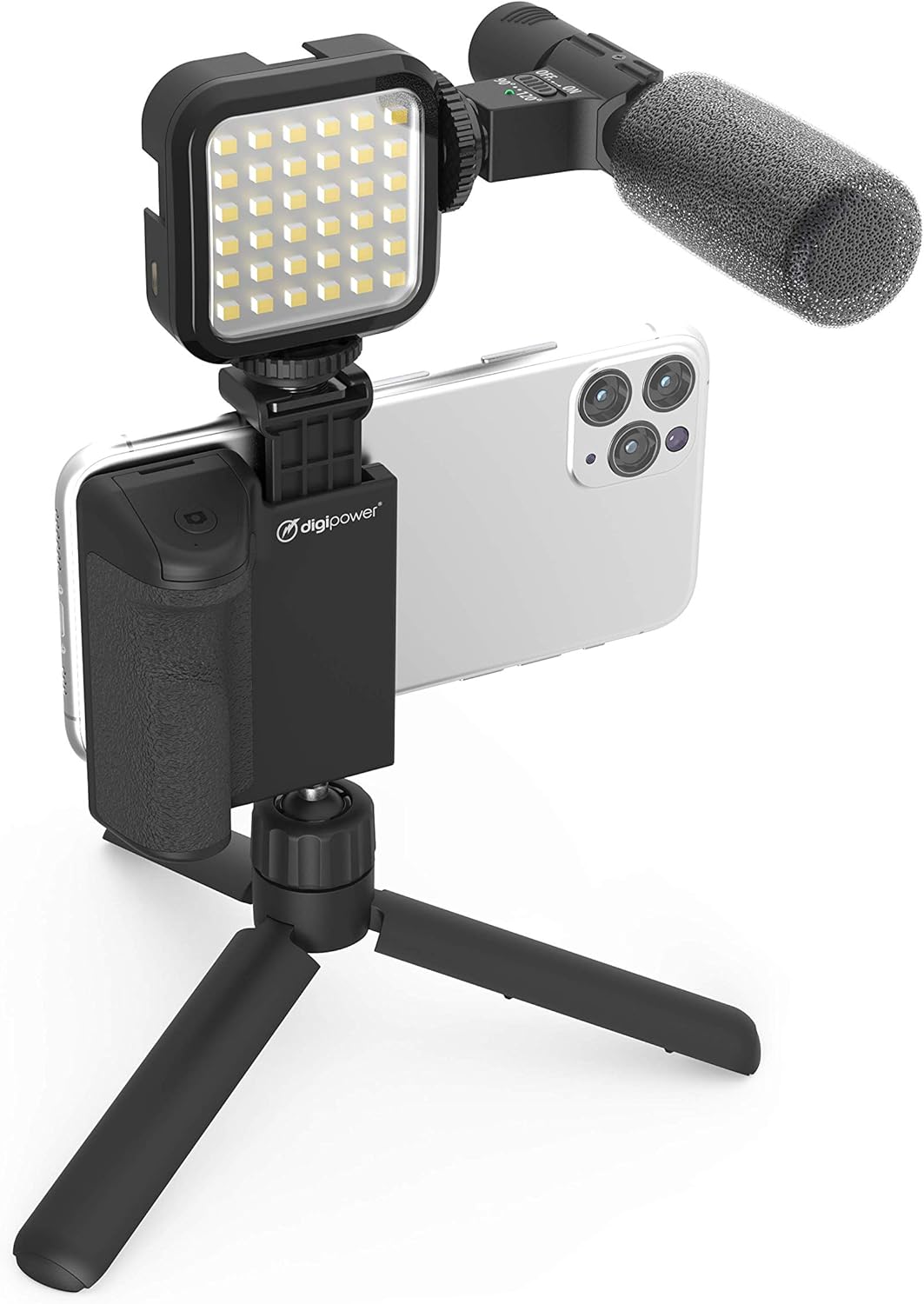 DigiPower Follow me Vlogging Set including LED Video Light + Microphone + Camera Grip with Mobile Phone Holder + Mini Tripod - Image 5