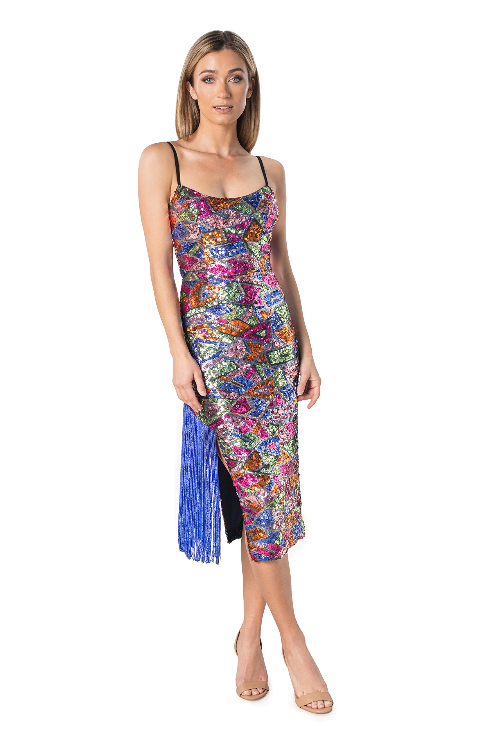 Photo 1 of Dress the Population Women's Rory Sequin, Midi, Bodycon, Sweetheart Neck Dress, Wisteria Multi, Small