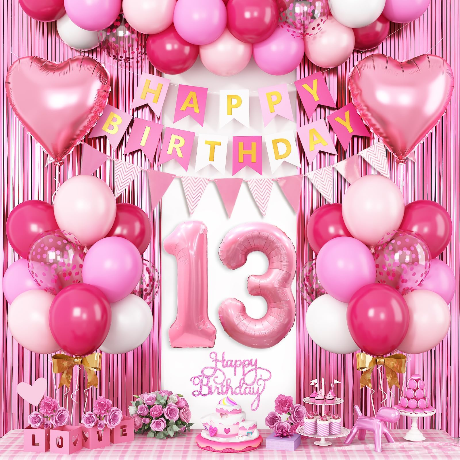 Photo 1 of 13th Birthday Decorations for Girls,Hot Pink 13th Birthday Balloons with Happy Birthday Banner Fringe Curtain Heart Foil Balloons for 13 Year Old Birthday Decor