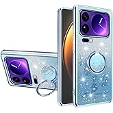 MRRSIWEI Glitter Case for Xiaomi 17 Pro Max, Luxury Plating Bling Sparkle Flowers Shockproof for Women Girls Case with Ring Stand for Xiaomi 17 Pro Max.Flowers Blue