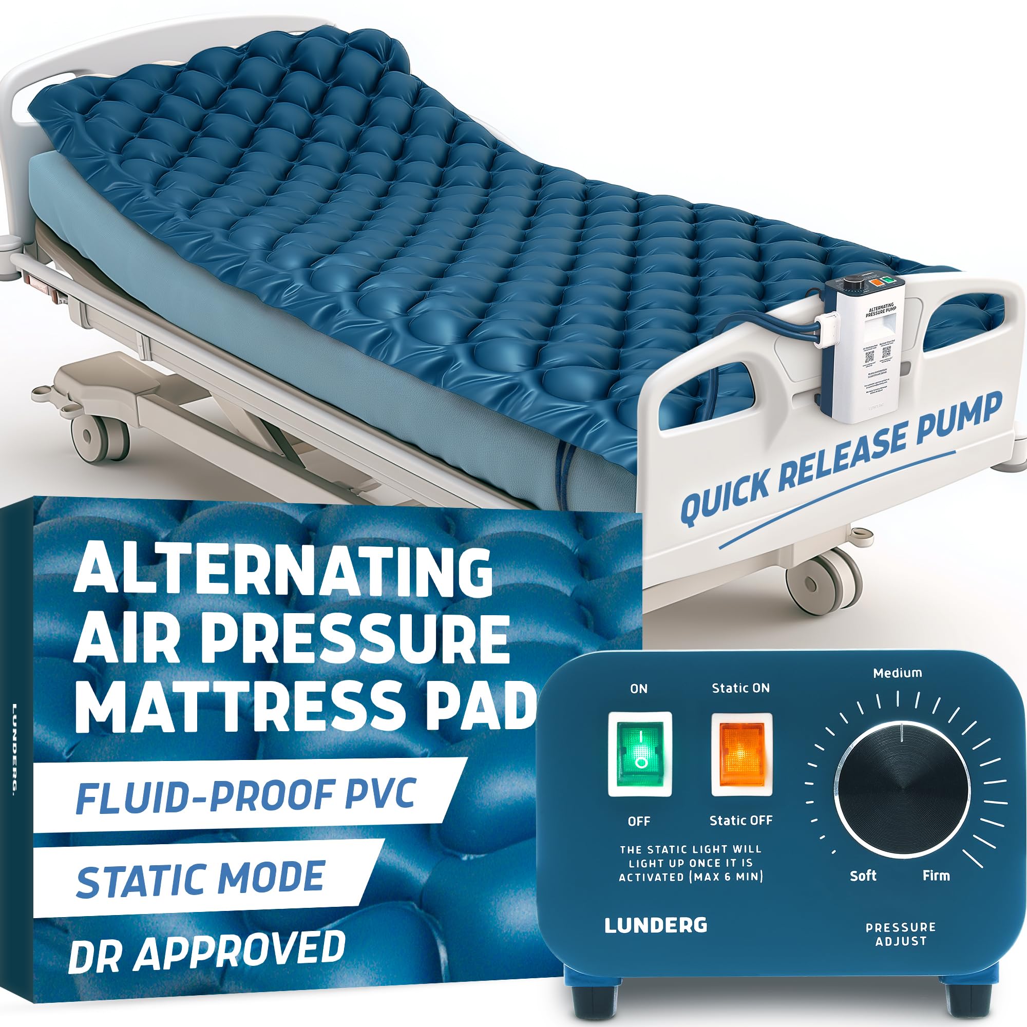 Photo 1 of Lunderg Alternating Air Pressure Mattress Pad with Static Mode - Comfortable Bed Sore Prevention - Includes Waterproof Mattress Topper for Hospital Bed or Home & Quiet Pump - Recommended by Doctors