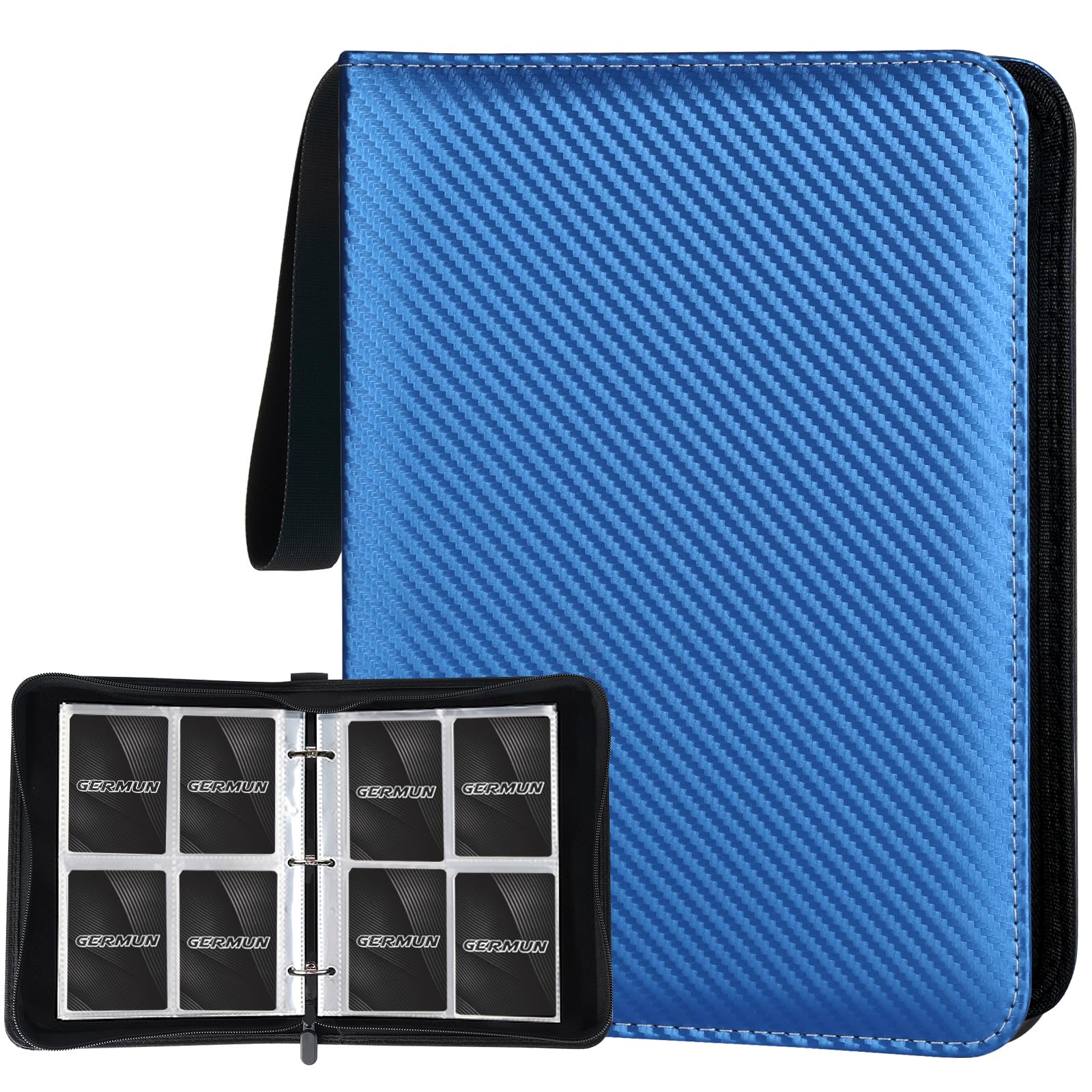 Photo 1 of GERMUN 4 Pocket Card Binder, Premium Zip Trading Card Binder, 400 Double Sided Pocket PU Card Collection Binder, Collector Card Album, Card Folder for MTG, TCG, Sports Cards, Game Cards (Blue)