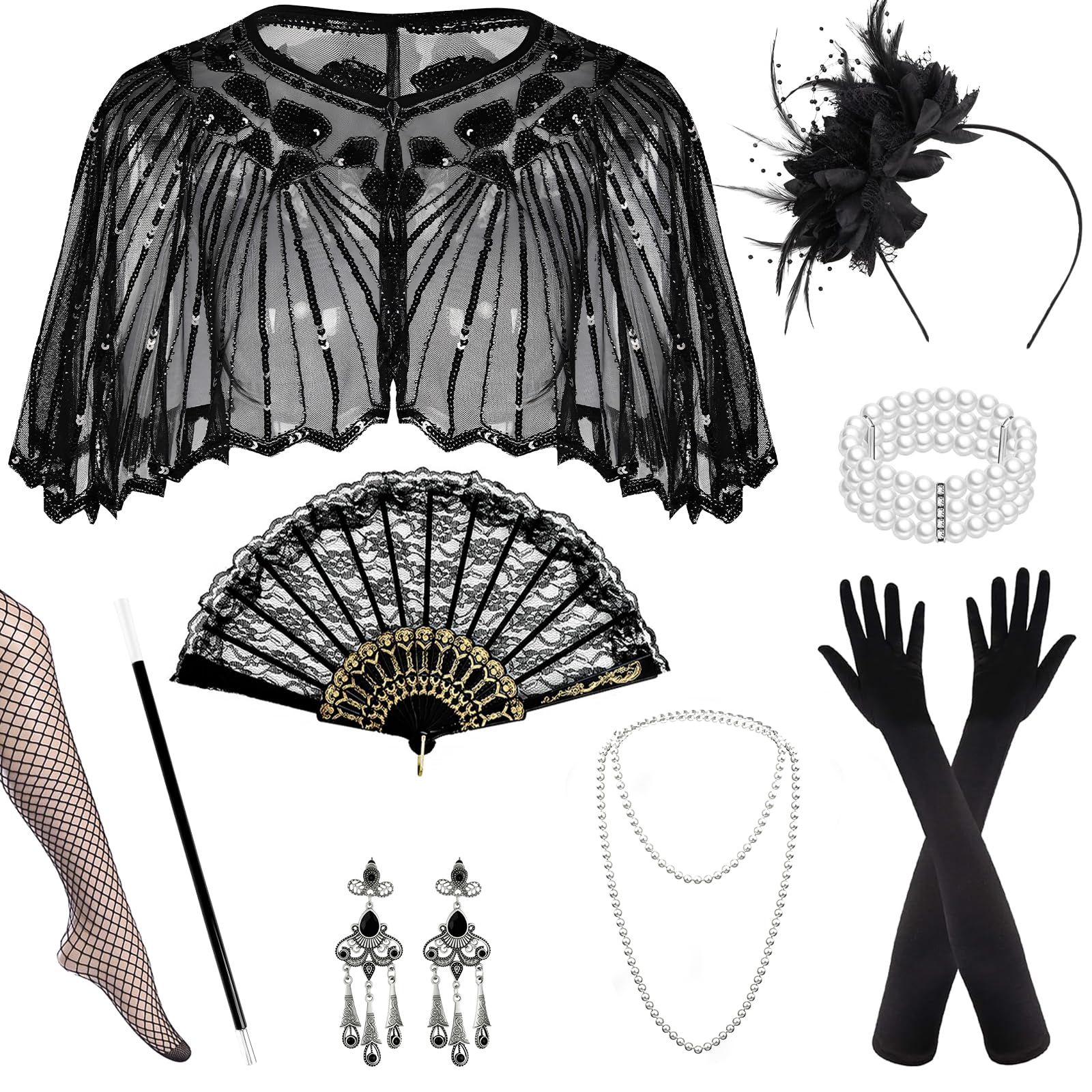 Grantop 9PCS 1920s Flapper Accessories Set Women,Great Gatsby Accessory with Headband,Sequin Shawl,Lace Fan,Pearl Necklace,Glove,Roaring 20's Costume,Ladies Charleston Fancy Dress Up Set for Party