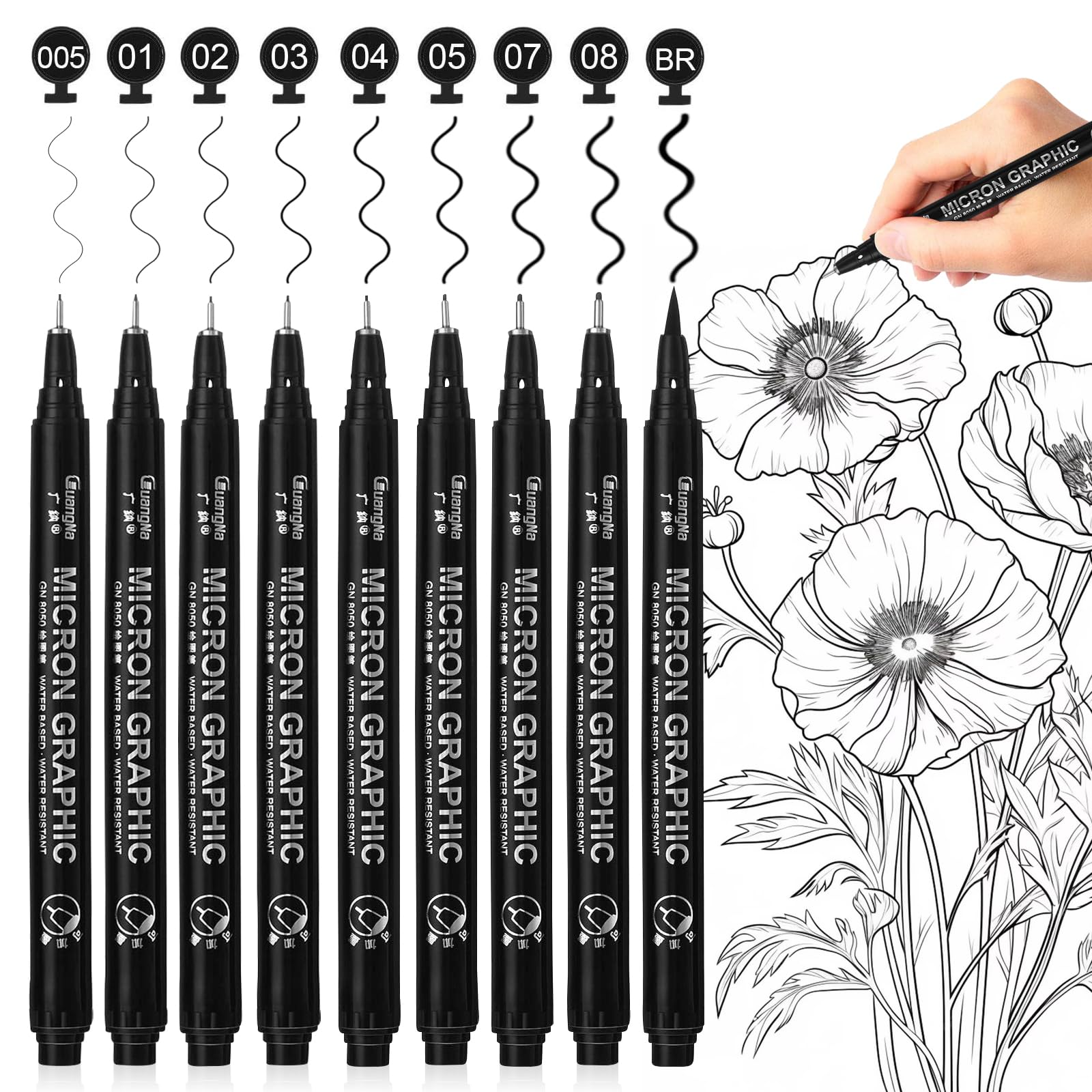 Surcotto Black Fineliner Pens, 9 Pack Fine Liner Pens Black, Drawing Pens for Artist and Adult, Waterproof Micron Pens Set for Sketching, Illustration, Drawing, Anime, Manga, DIY Gifts Projects