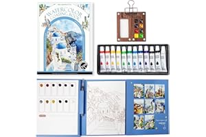 Watercolor Paint Set, 12-Color Watercolor Paper Journal with 16 Pages, 8 Grid Paint Palette Travel Kit, Brush Pen, Pocket Art