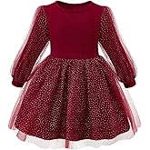 Little Bitty Girls Long Sleeve Sequin Tulle Dress Wave Pattern, Crew Neck Layered Lantern Sleeves Winter Christmas 3-7 Years